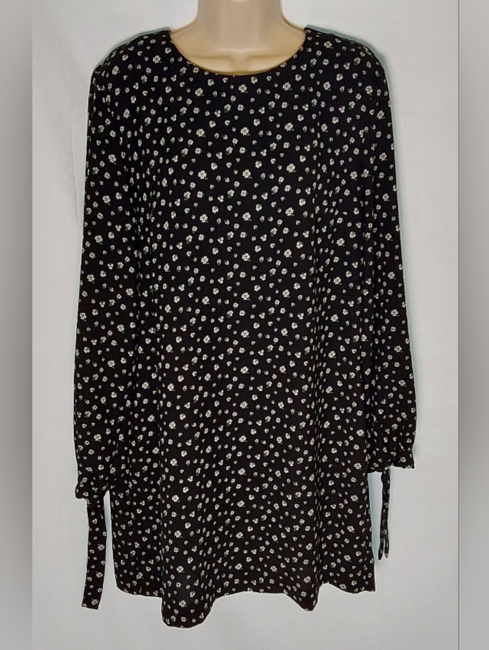 H&M Black Floral Midi Dress with White Flowers and Green Leaves